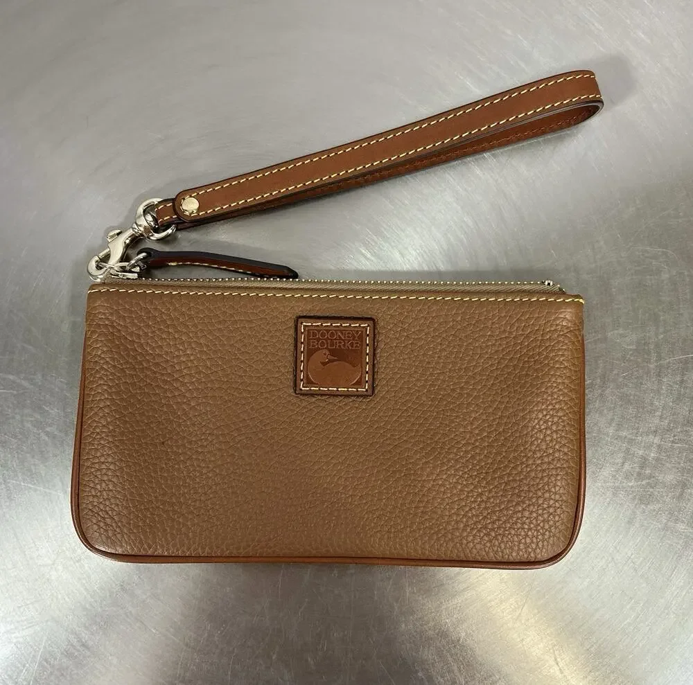 Dooney & Bourke Pebble Grain Large Wristlet Caramel Brown Leather Clutch Wallet